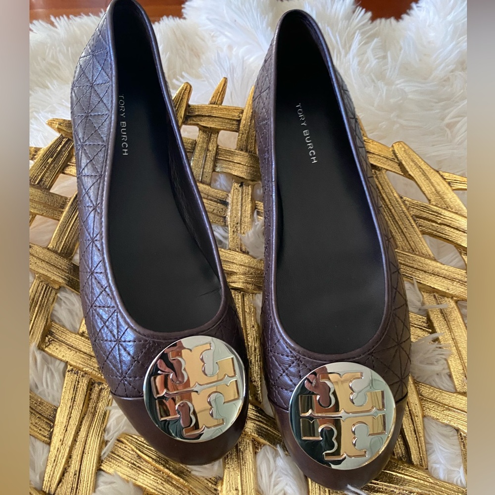 Tory Burch Claire Quilted Ballet Flats with Gold Logo Coco Brown
